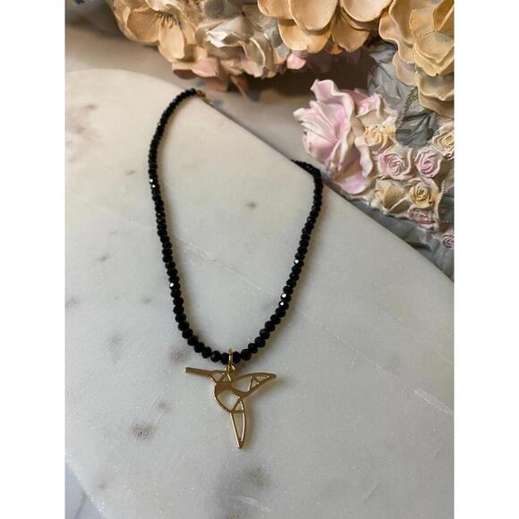 Humming bird necklace - gold geometric humming bird black crystals - Picture 4 of 5